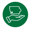 Circle icon with State of Iowa and heart placed in Southwest corner of state being held by a hand.